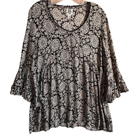 Ivy Jane Black & White Boho Y2K Ruffle Babydoll Retro Tunic Sz M Flutter Sleeves - Picture 11 of 16